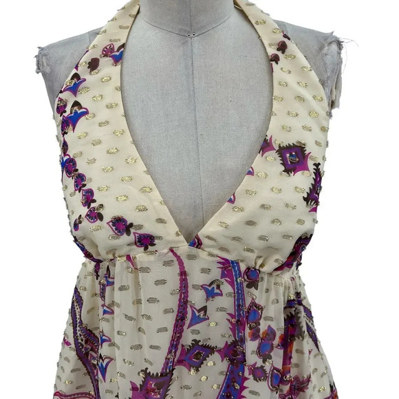 Tibi Cream Purple Floral Paisley Metallic Halter Mini Dress Size 6‎ - Picture 2 of 14
